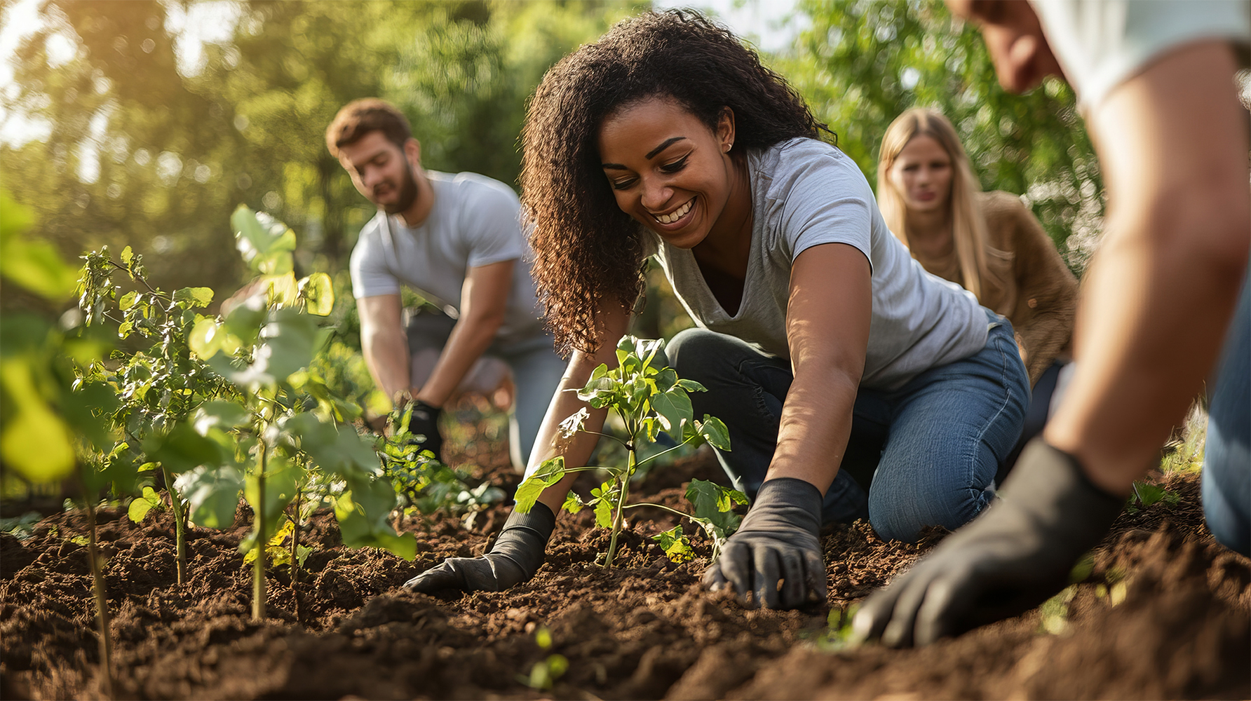 Colegas de trabalho plantando mudas em um jardim juntos.