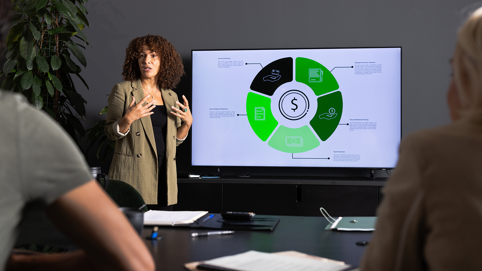 Woman presenting a financial infographic on a large display.