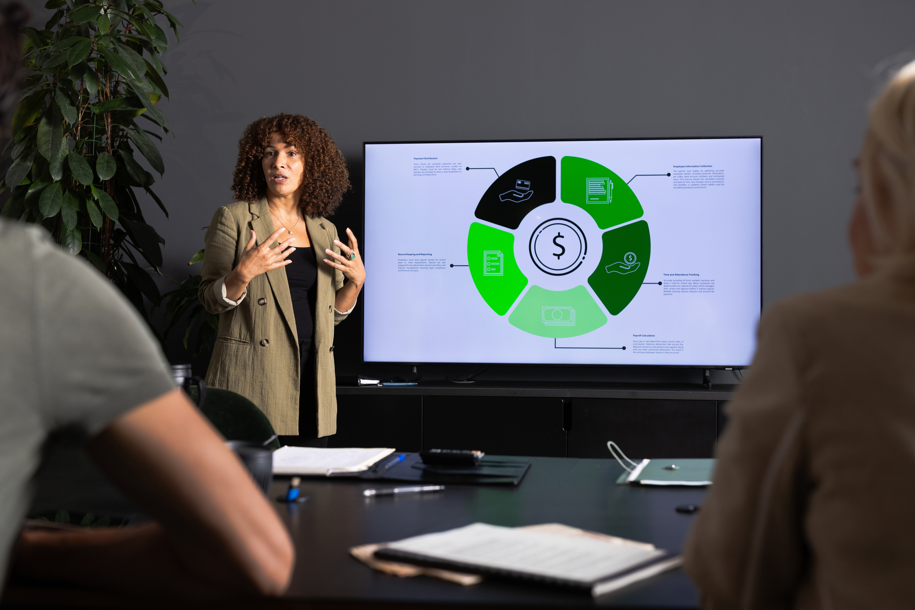 A woman giving a presentation with a pie chart.