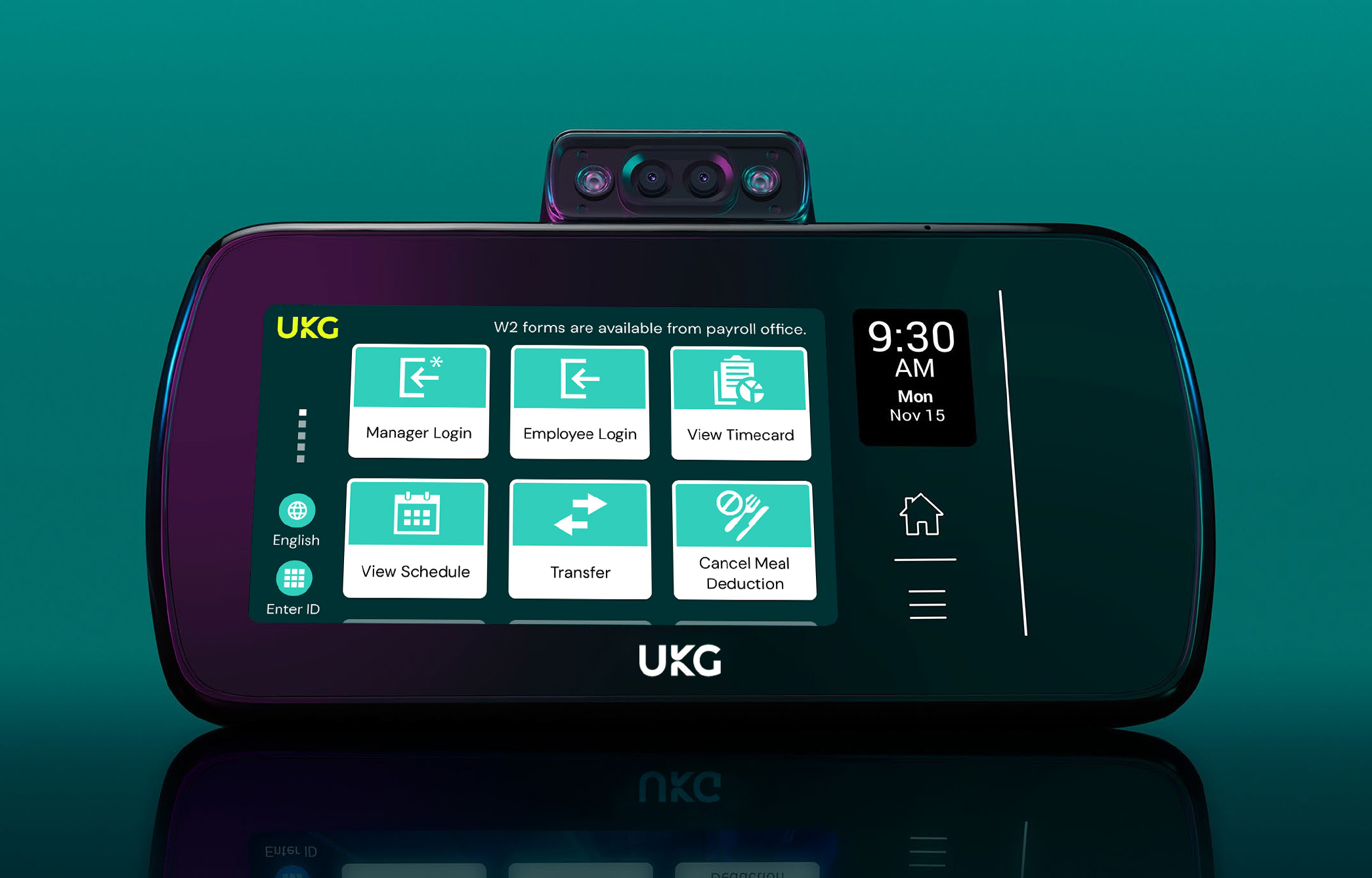 A touchscreen timeclock with employee login and transfer options.