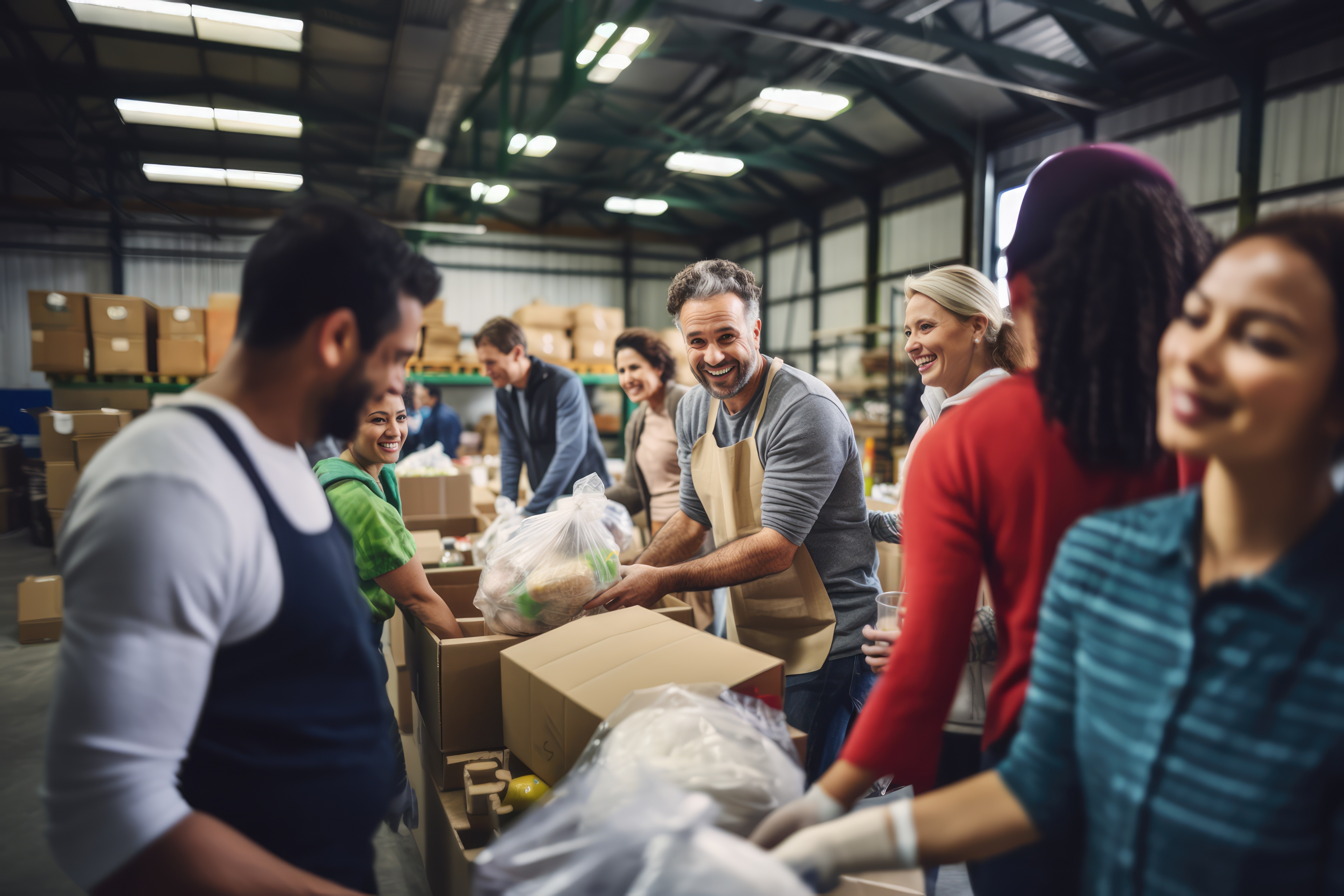 Voluntários diversos embalando doações em um depósito.