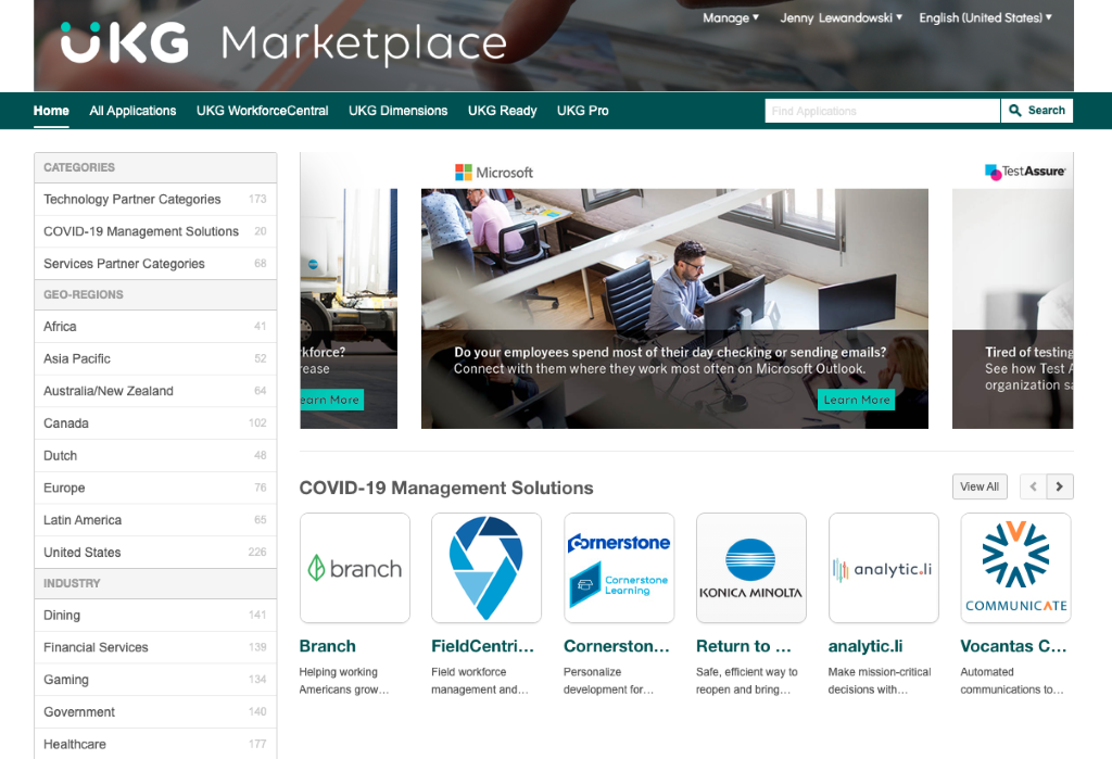 Página inicial do site UKG Marketplace com várias opções de aplicativos.