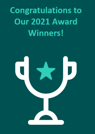 Um gráfico de um troféu com uma estrela, parabenizando os vencedores do prêmio.