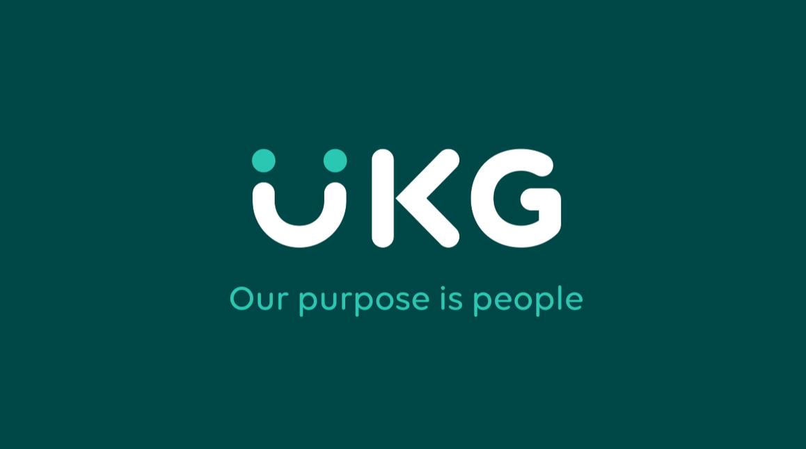 Logotipo da UKG: letras em verde-azulado e branco sobre fundo verde-azulado escuro.
