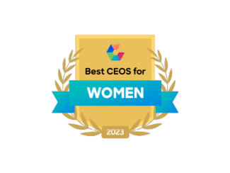 A golden shield with a blue ribbon that says "Best CEOs for Women 2023" and a laurel wreath around