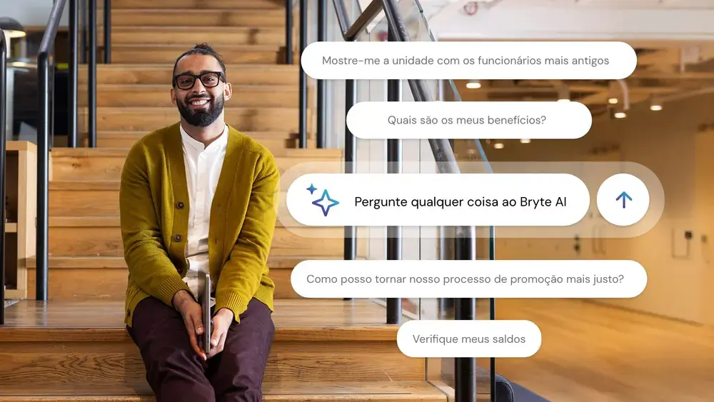 Technology worker sitting on office stairway with chat bubbles