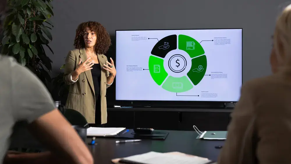 A woman giving a presentation with a pie chart.