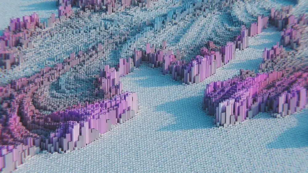 Abstract purple and gray 3D forms.