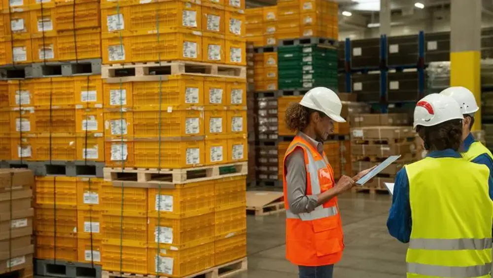 A group of coworkers reviews a datasheet in a large warehouse.