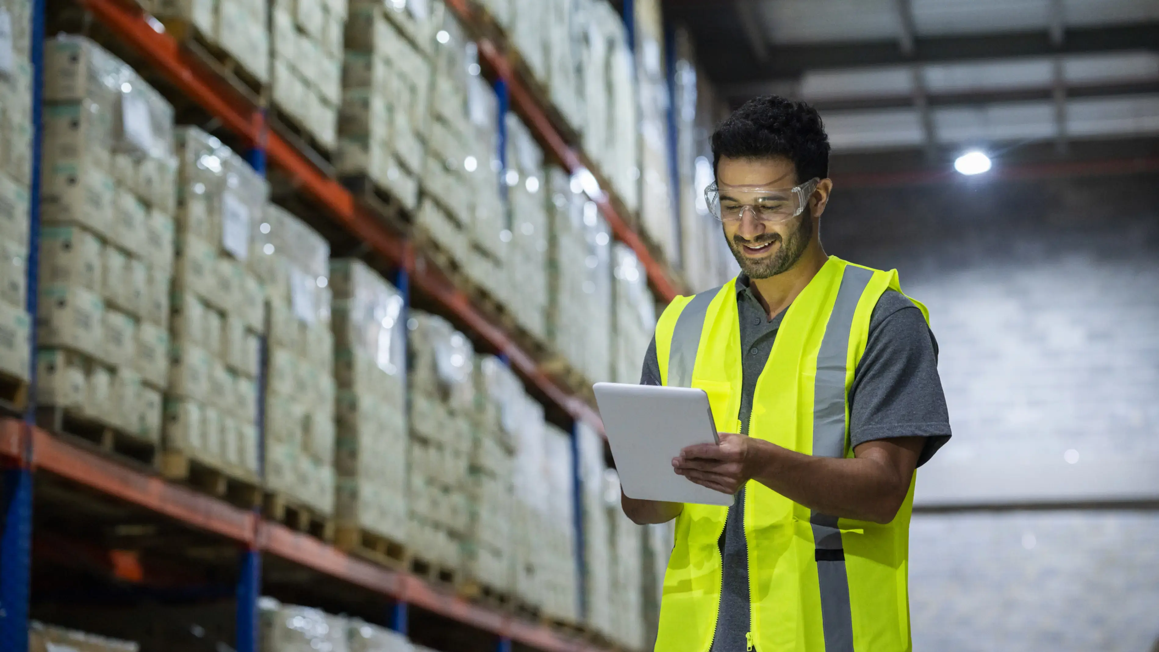 A smiling worker in a yellow vest using a touchscreen tablet in a warehouse.