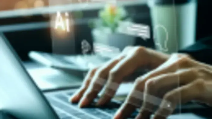 Interface de IA flutuando sobre mãos digitando em um notebook.