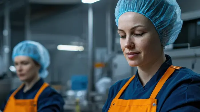 Two women in a food processing plant package salmon.