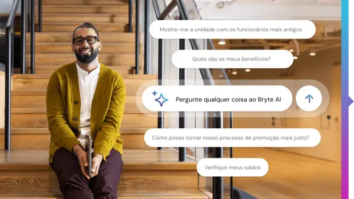 Technology worker sitting on office stairway with chat bubbles