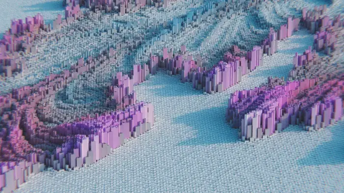 Abstract purple and gray 3D forms.