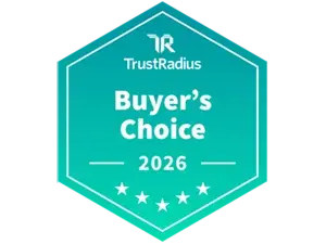 Logotipo gráfico do prêmio TrustRadius Buyer's Choice 2025 em um hexágono verde.