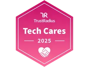 Gráfico de um prêmio TrustRadius Tech Cares 2024 com um coração.