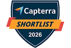 Um logotipo gráfico da Capterra com "Shortlist 2025" escrito abaixo de "Capterra".