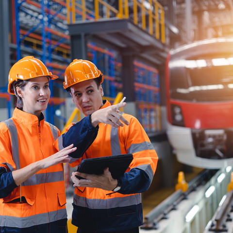 Two engineers in hard hats and safety vests are discussing plans while standing in front of a train