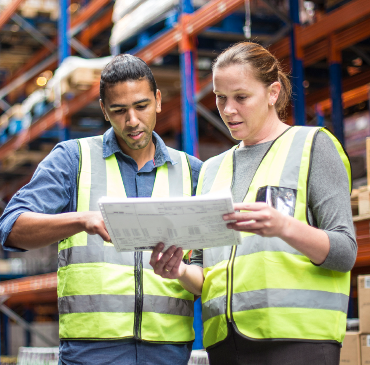 Two frontline employees on warehouse floor in yellow vests