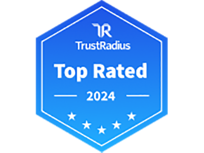 A blue hexagon with the words "TrustRadius Top Rated 2024" in white text, and five stars below.