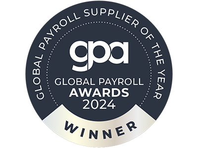The image shows a black and silver award with the text "Global Payroll Supplier of the Year 2024 Winner