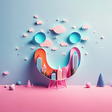 A blue and pink paper cityscape in the shape of the smiley face.