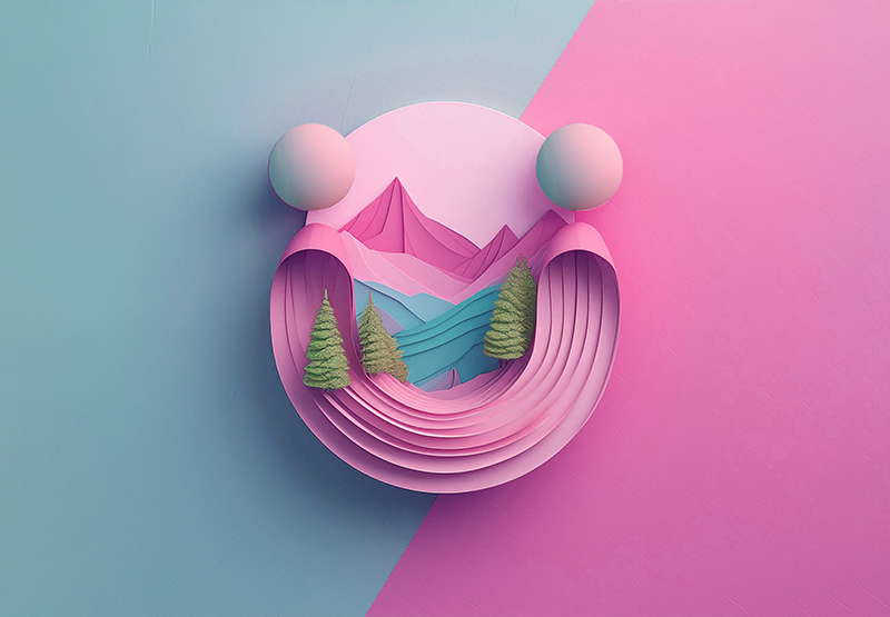 A pink and blue paper landscape with mountains, trees, and a pink sky.