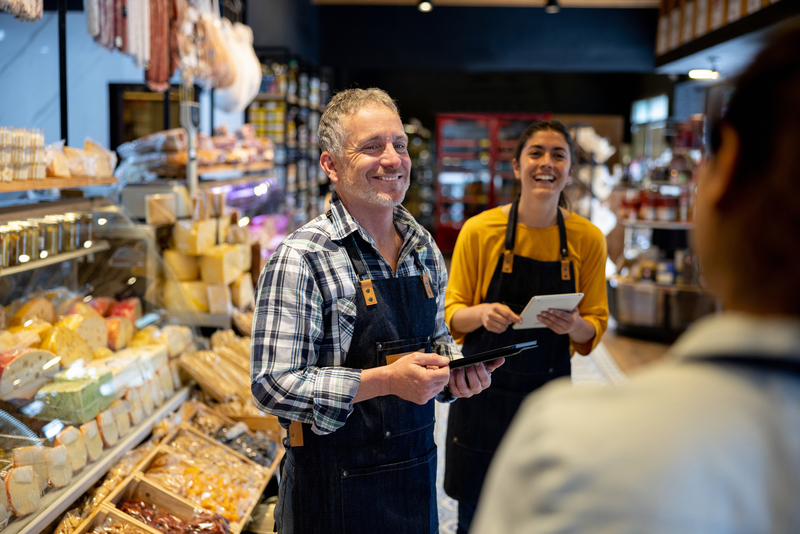 A smiling man and woman wearing aprons stand in a deli, the man holding a tablet.