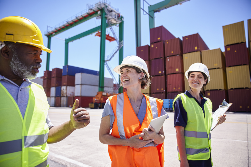 A group of three people wearing hard hats and safety vests are standing in front of a container ship.